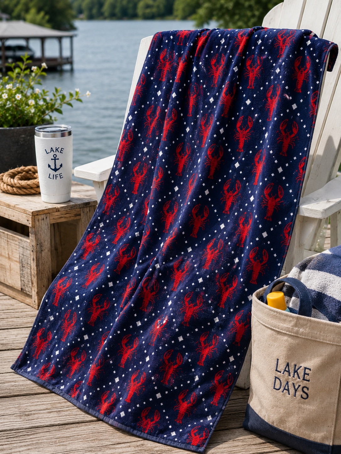 Crawdad Craze Beach Towel In Navy & Red