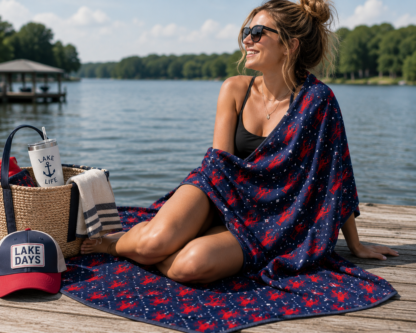 Crawdad Craze Beach Towel In Navy & Red