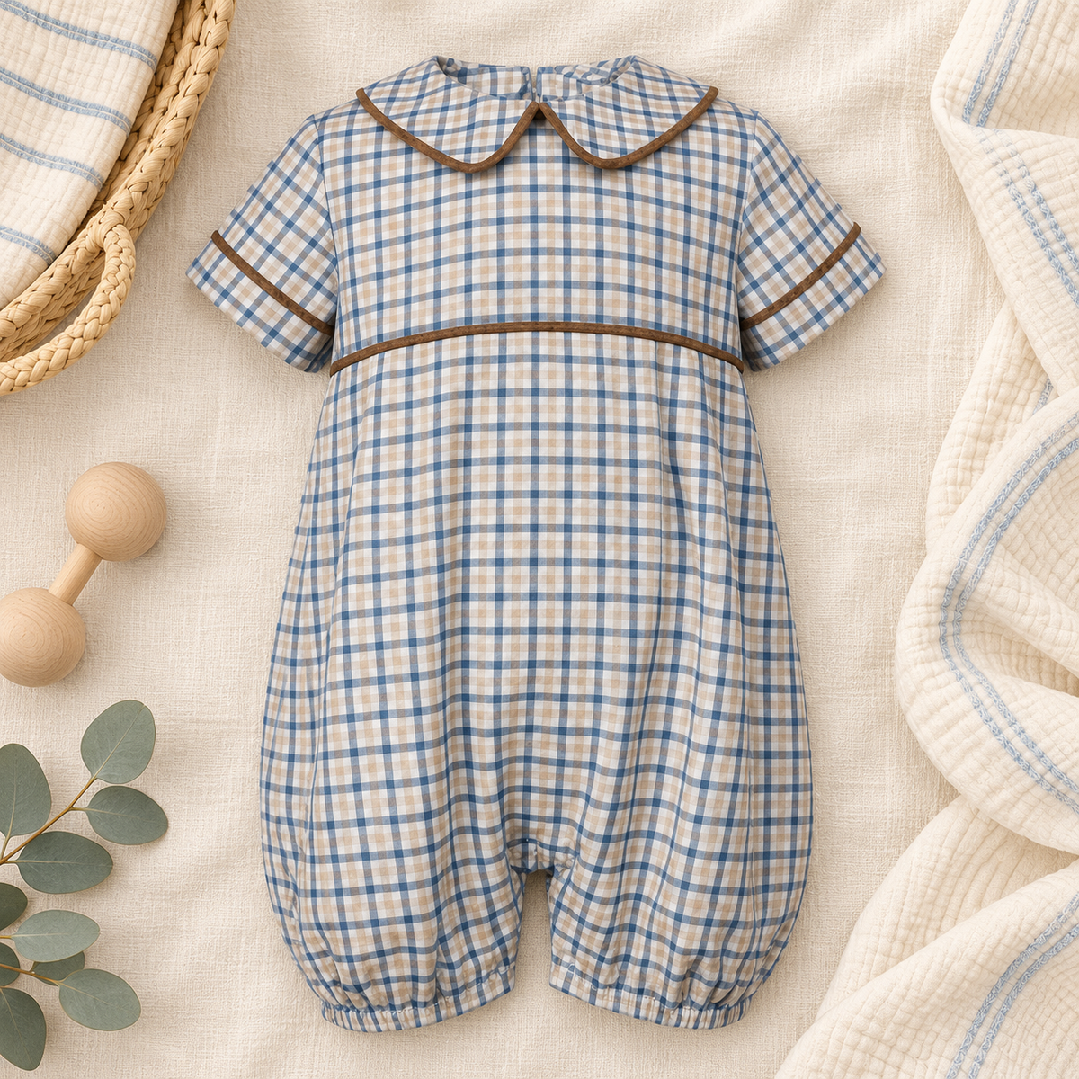 Blue/Khaki Plaid Boy's Romper