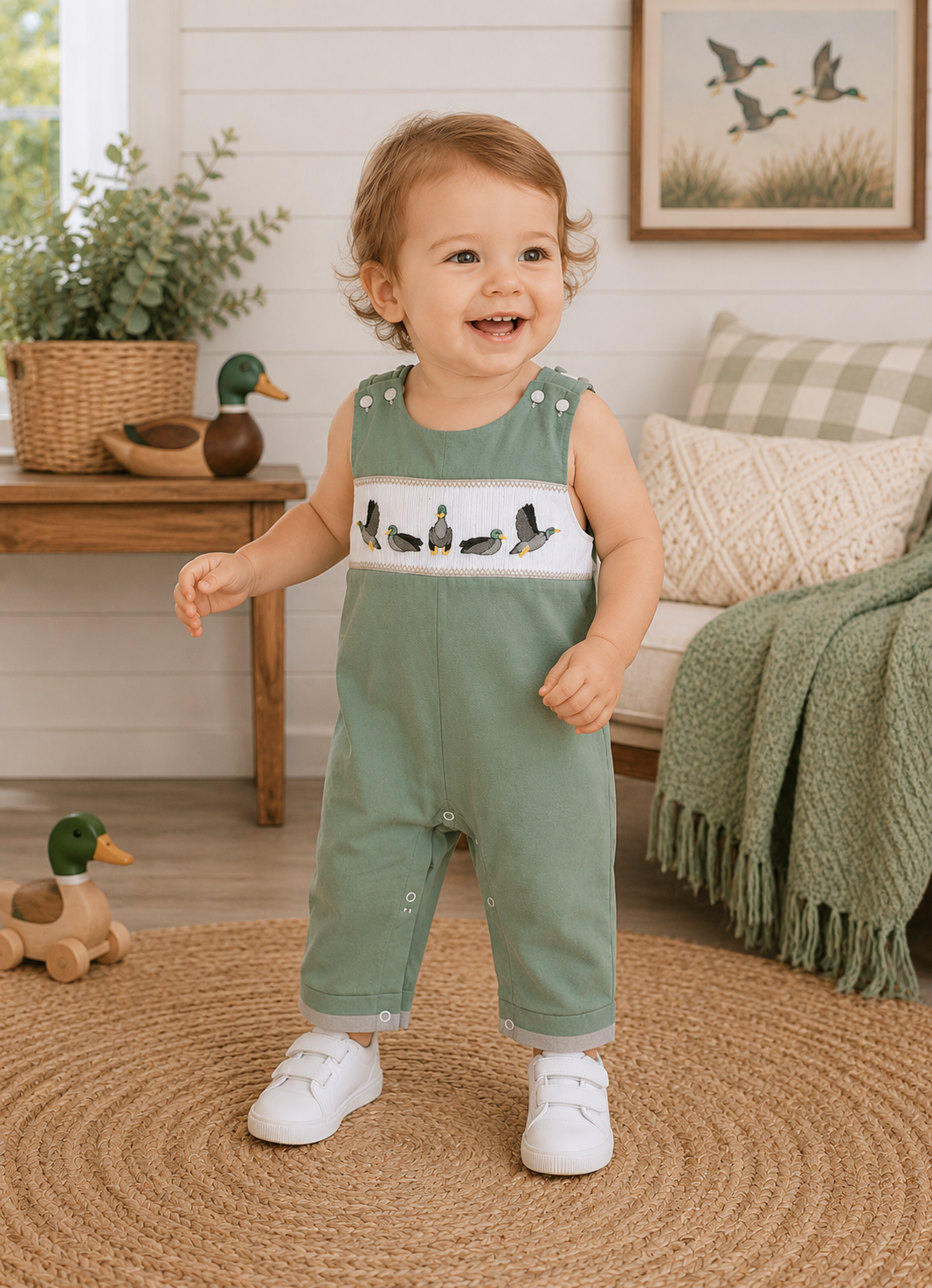 Sage Green Mallard Smocked Overall