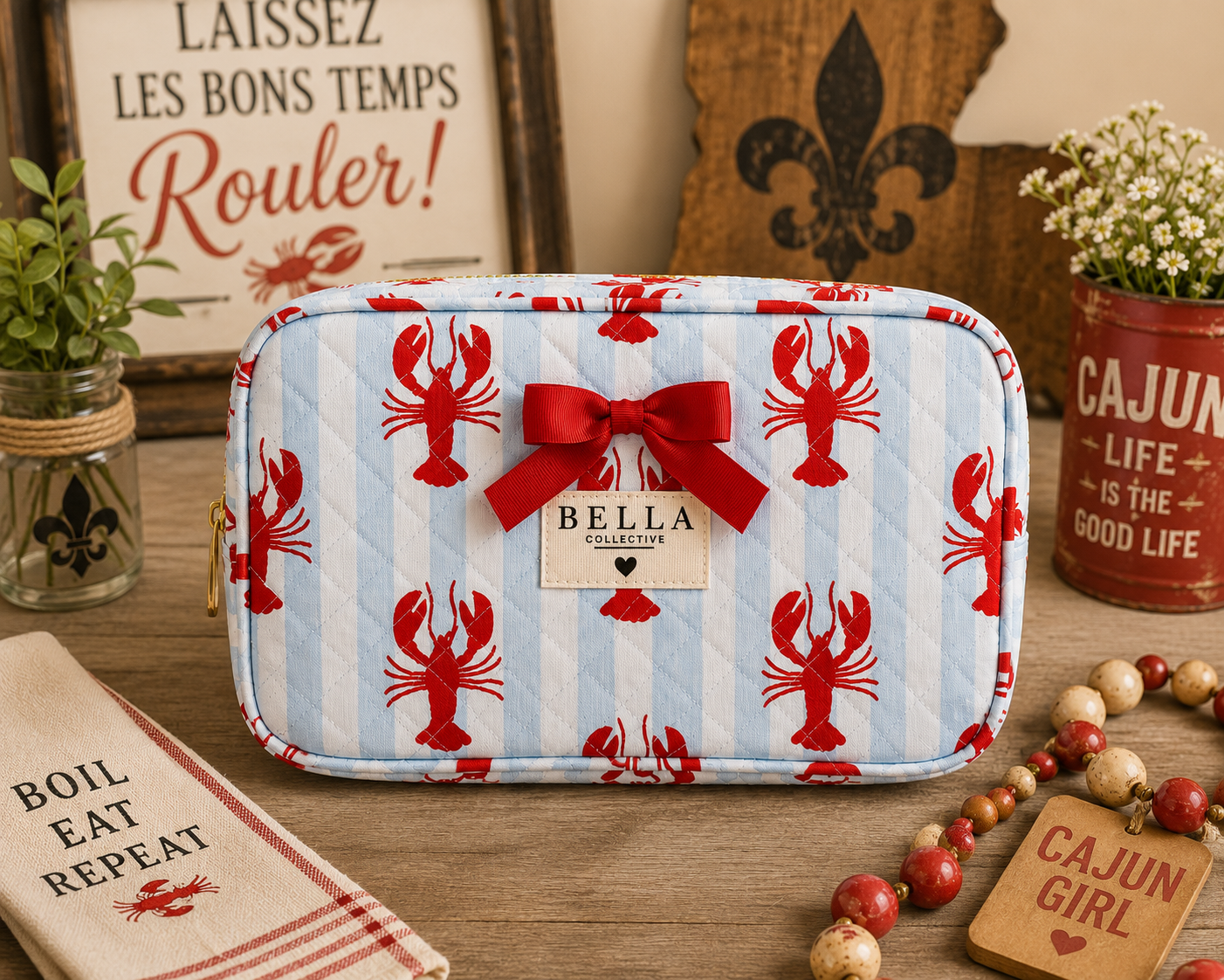 Quilted Cosmetic Bag - Blue Stripes + Crawfish