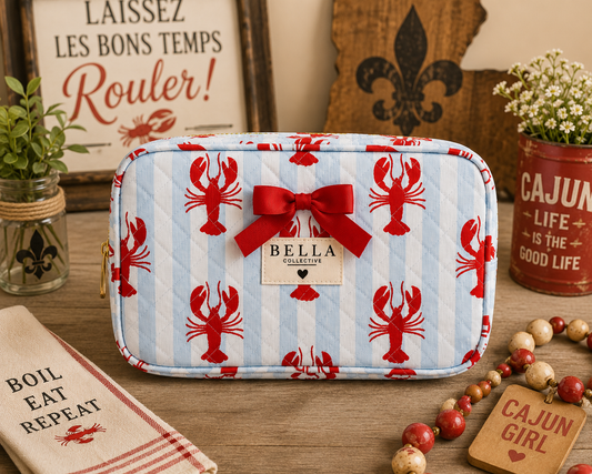 Quilted Cosmetic Bag - Blue Stripes + Crawfish