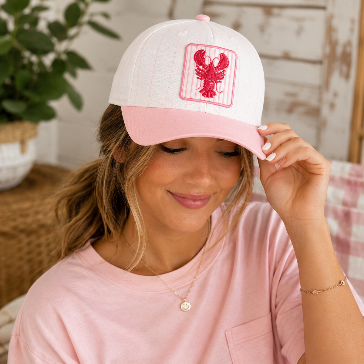 Crawfish Embroidered Patch Seersucker Brim Trucker Hat