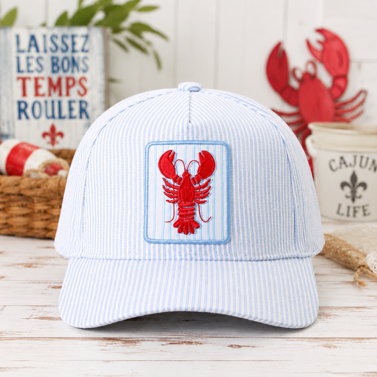 Crawfish Embroidered Patch Seersucker Trucker Hat