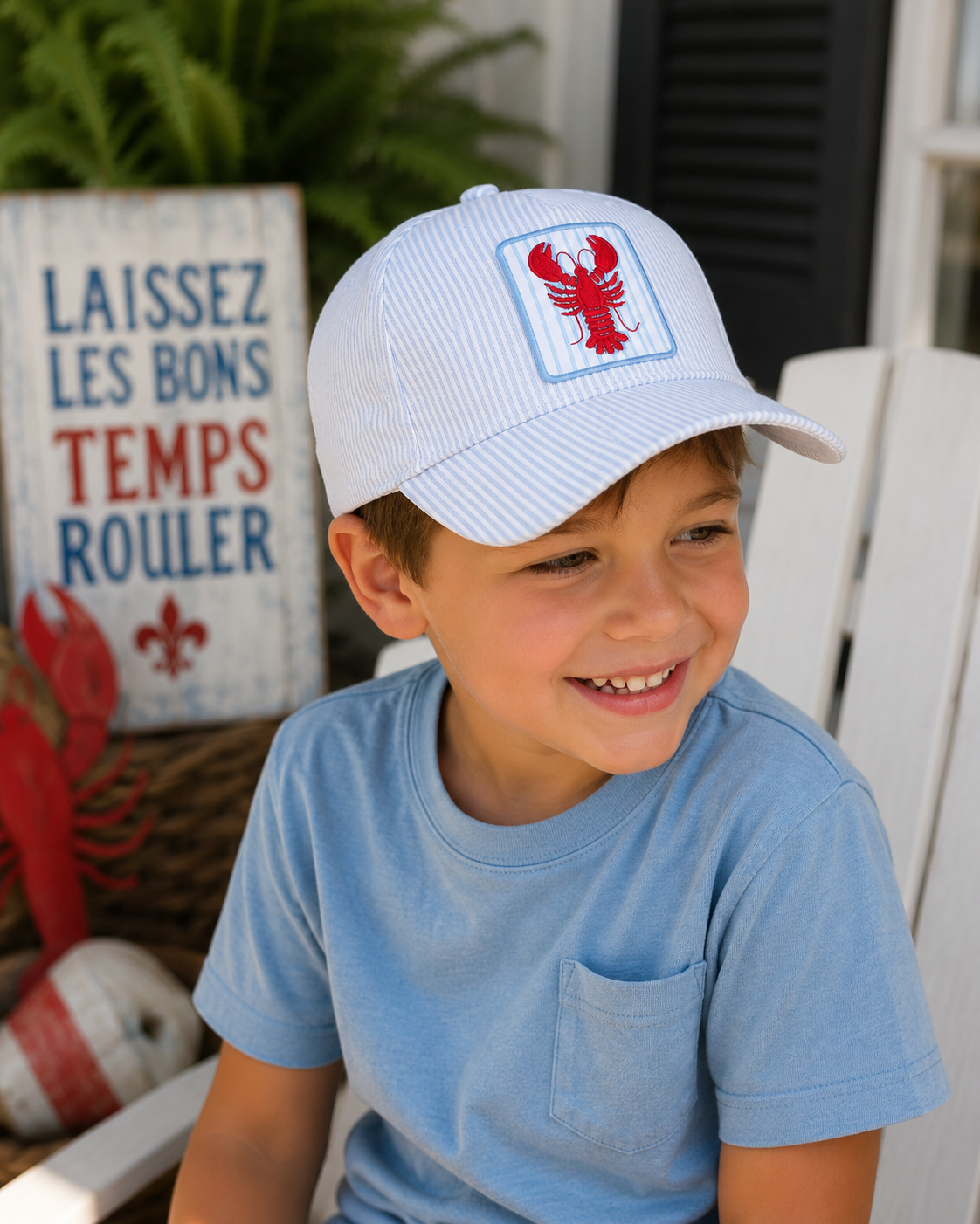 Crawfish Embroidered Patch Seersucker Trucker Hat