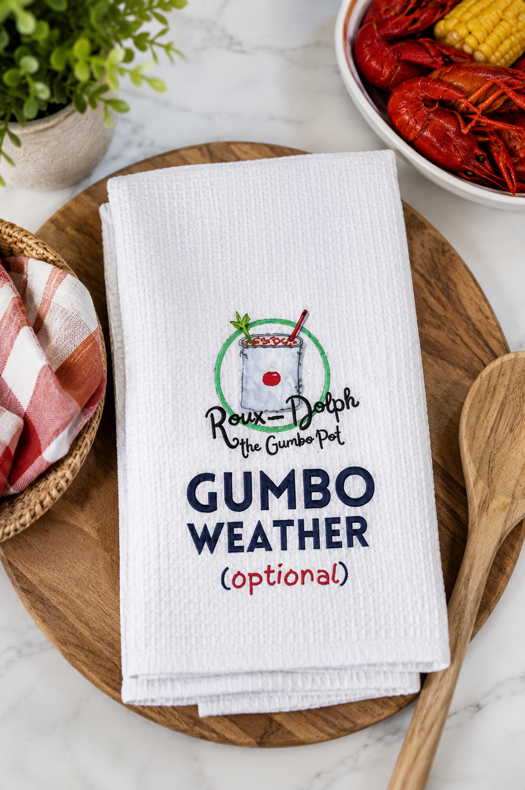Louisiana Tea Towel. Gumbo Weather
Optional Roux-Dolph