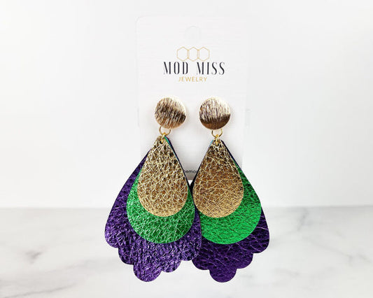 “Triple Trellis, Mardi Gras” with Gold Stud- Earrings