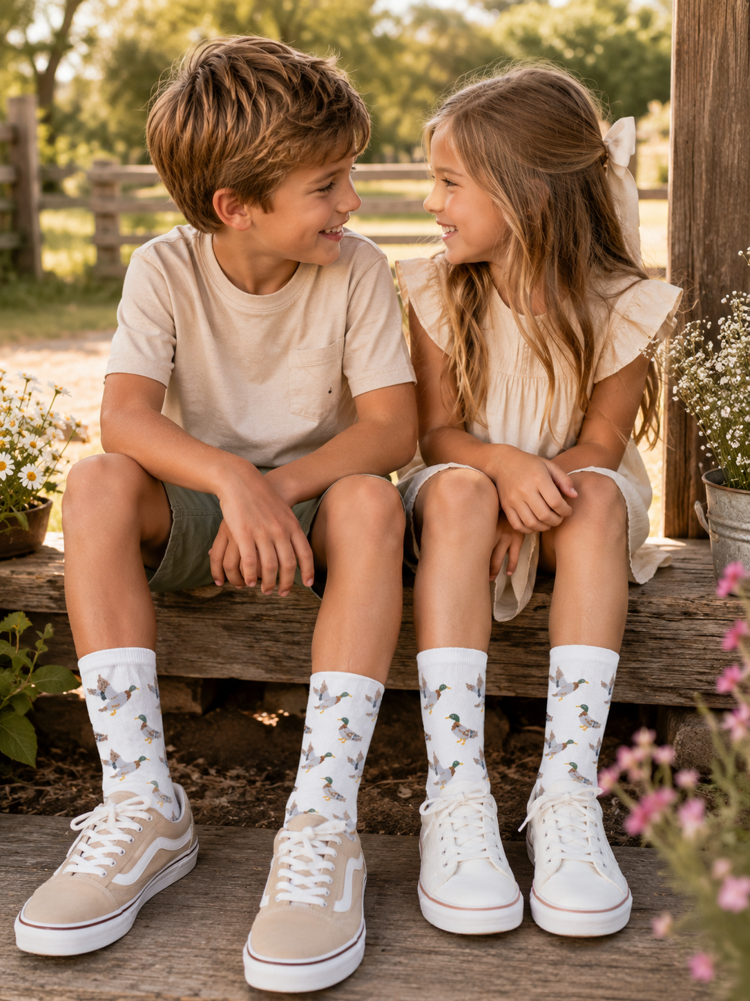 Two children sitting on a wooden bench outdoors, wearing matching white socks with a duck print and beige low-top sneakers.