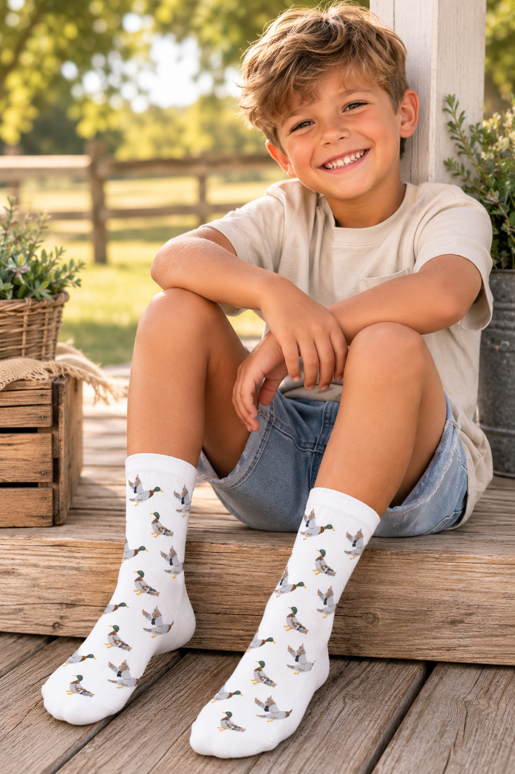 A smiling young boy sits on a wooden porch step wearing white crew socks with a repeating duck print, a beige t-shirt, and denim shorts in an outdoor garden setting.