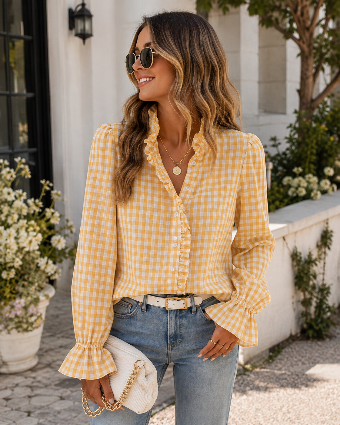 Ruffled Gingham Check Blouse