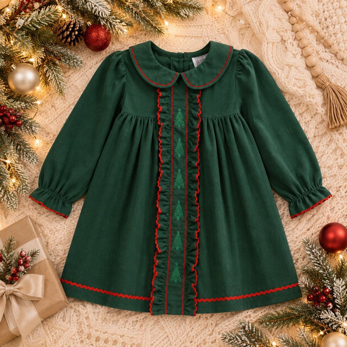Green Corduroy Christmas Tree Ruffle Dress