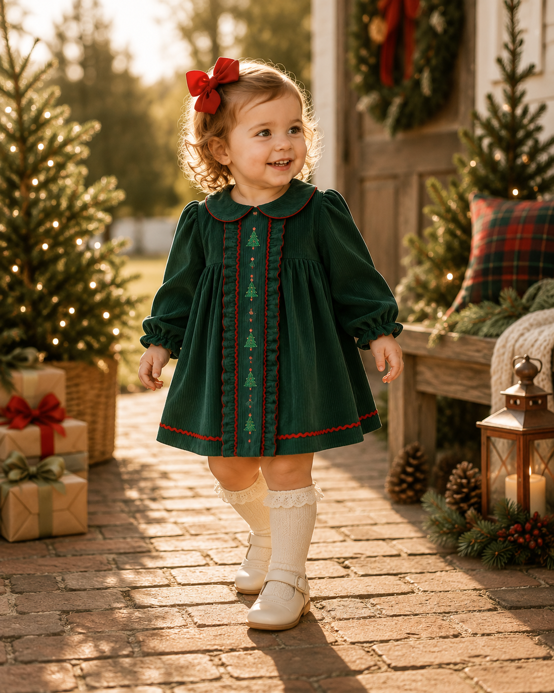 Green Corduroy Christmas Tree Ruffle Dress