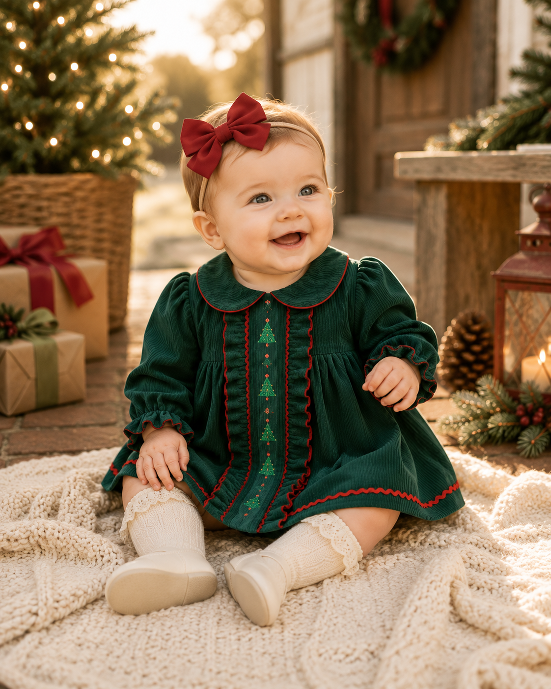 Green Corduroy Christmas Tree Ruffle Dress