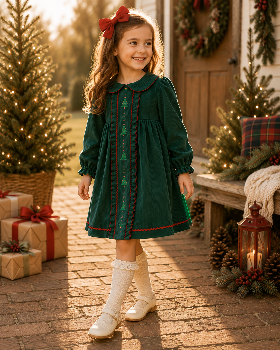 Green Corduroy Christmas Tree Ruffle Dress