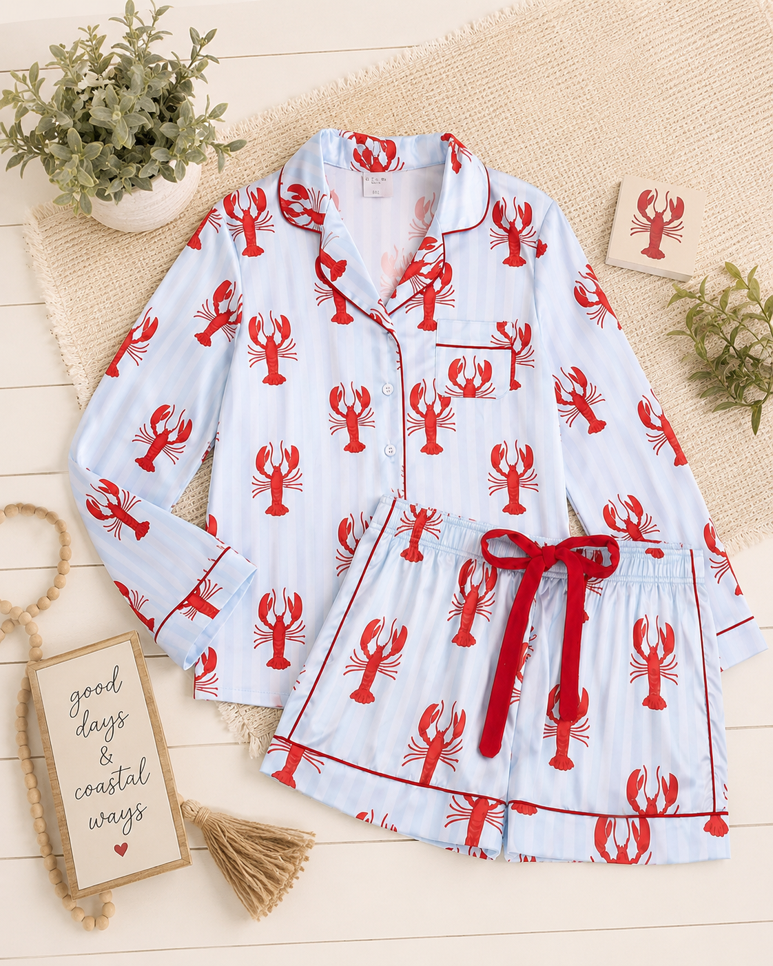 Pj Set with Velvet Tie - Blue Stripes + Crawfish