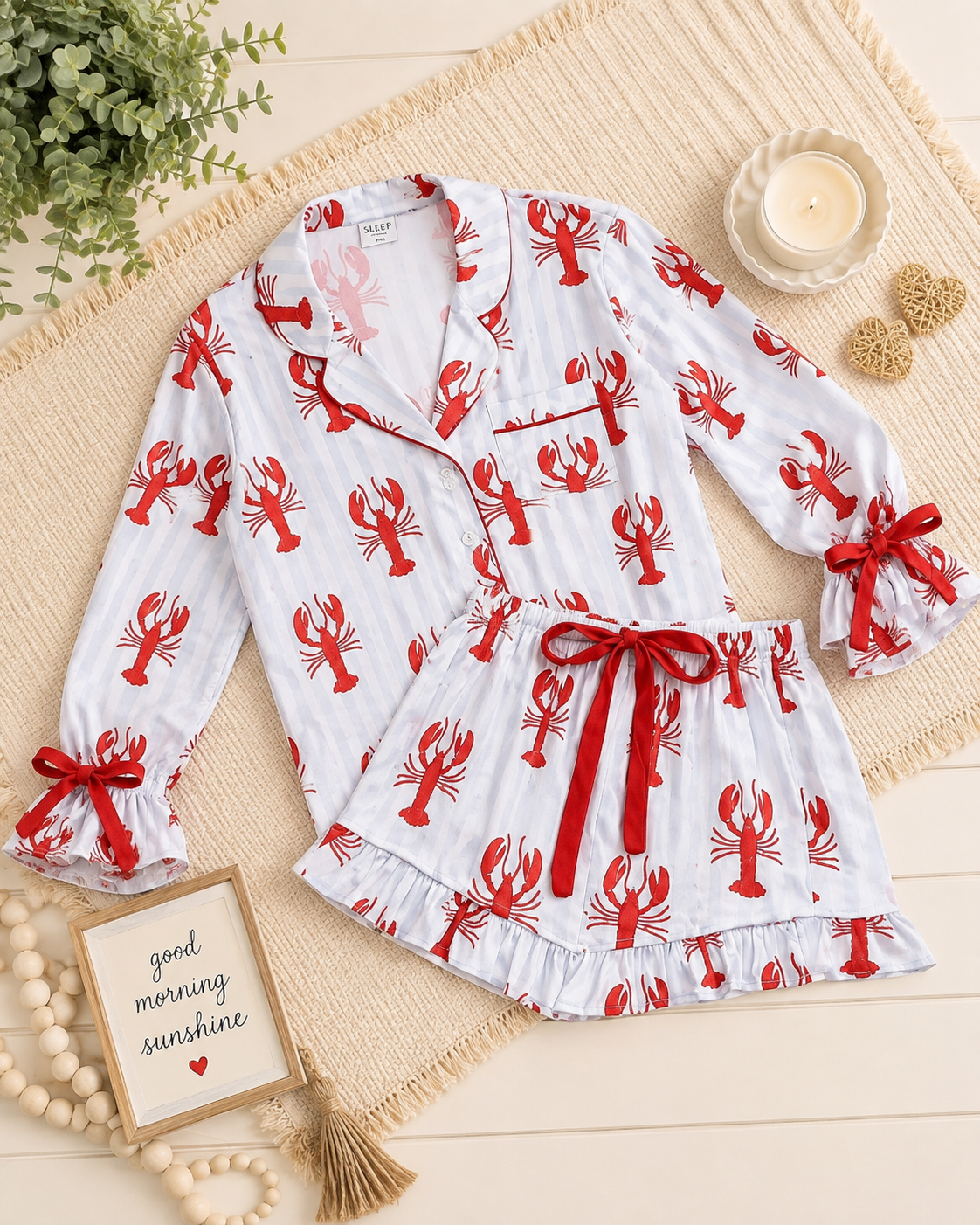Long Sleeve Ruffled Pj Set - Blue Stripes + Crawfish