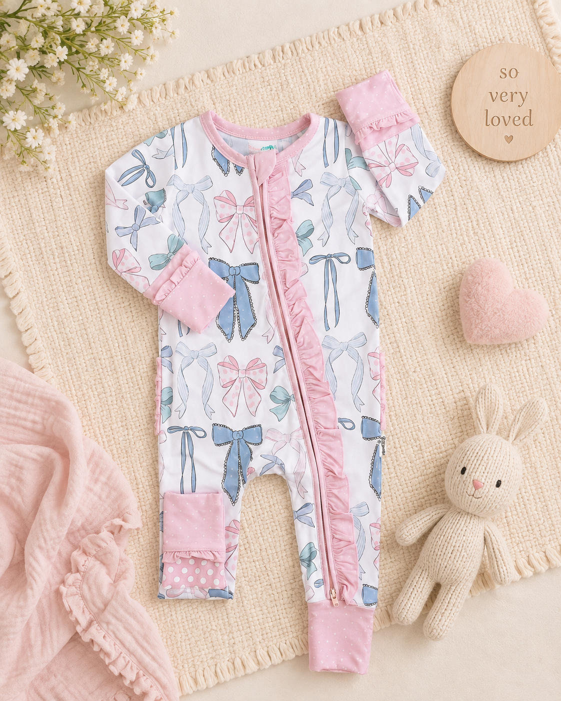 Samantha Bows Ruffle Zip Bamboo Sleep Little Outfit