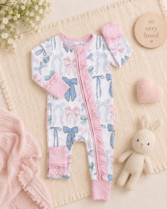 Samantha Bows Ruffle Zip Bamboo Sleep Little Outfit