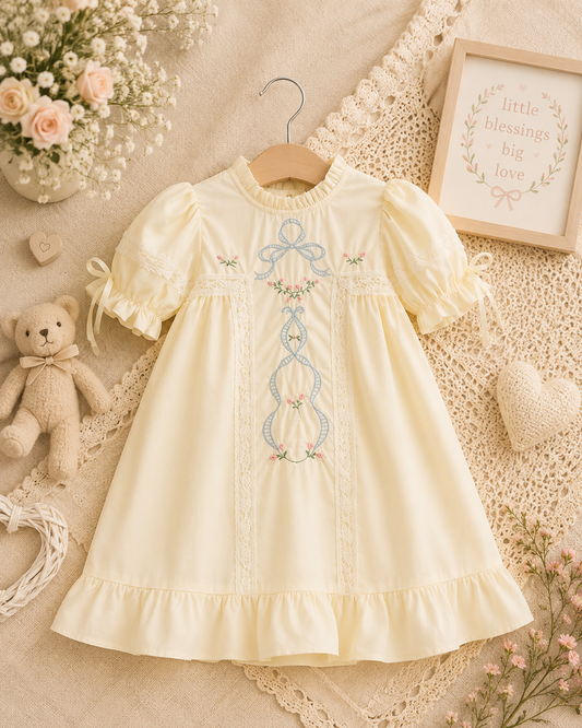 Embroidered Lace Girls' Short-Sleeved Dress-Beige/Pink