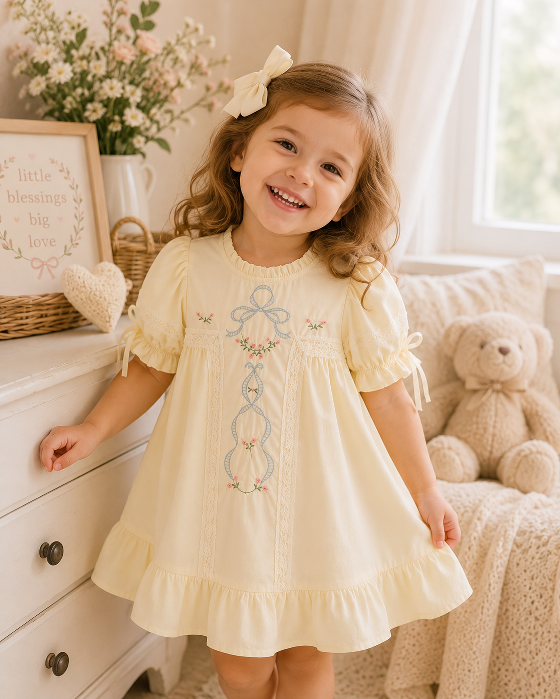 Embroidered Lace Girls' Short-Sleeved Dress-Beige/Pink