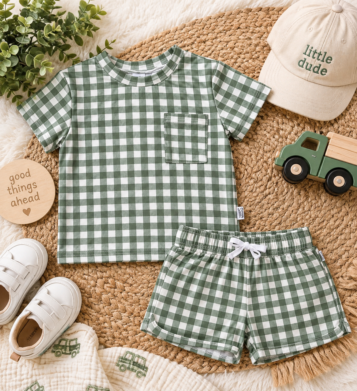 Green Gingham Bamboo Varsity Short Set - T-Shirt & Shorts
