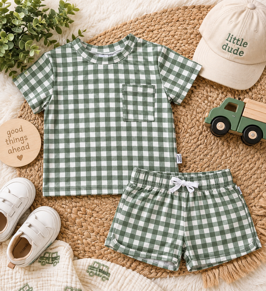 Green Gingham Bamboo Varsity Short Set - T-Shirt & Shorts