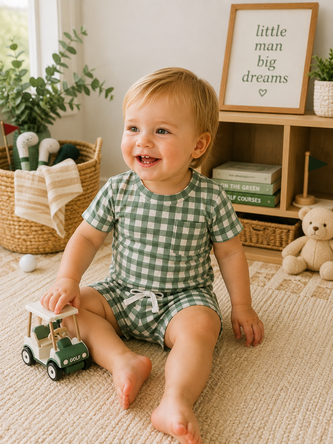 Green Gingham Bamboo Varsity Short Set - T-Shirt & Shorts