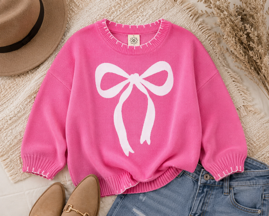 Pink Bow Print Stitch Trim Sweater