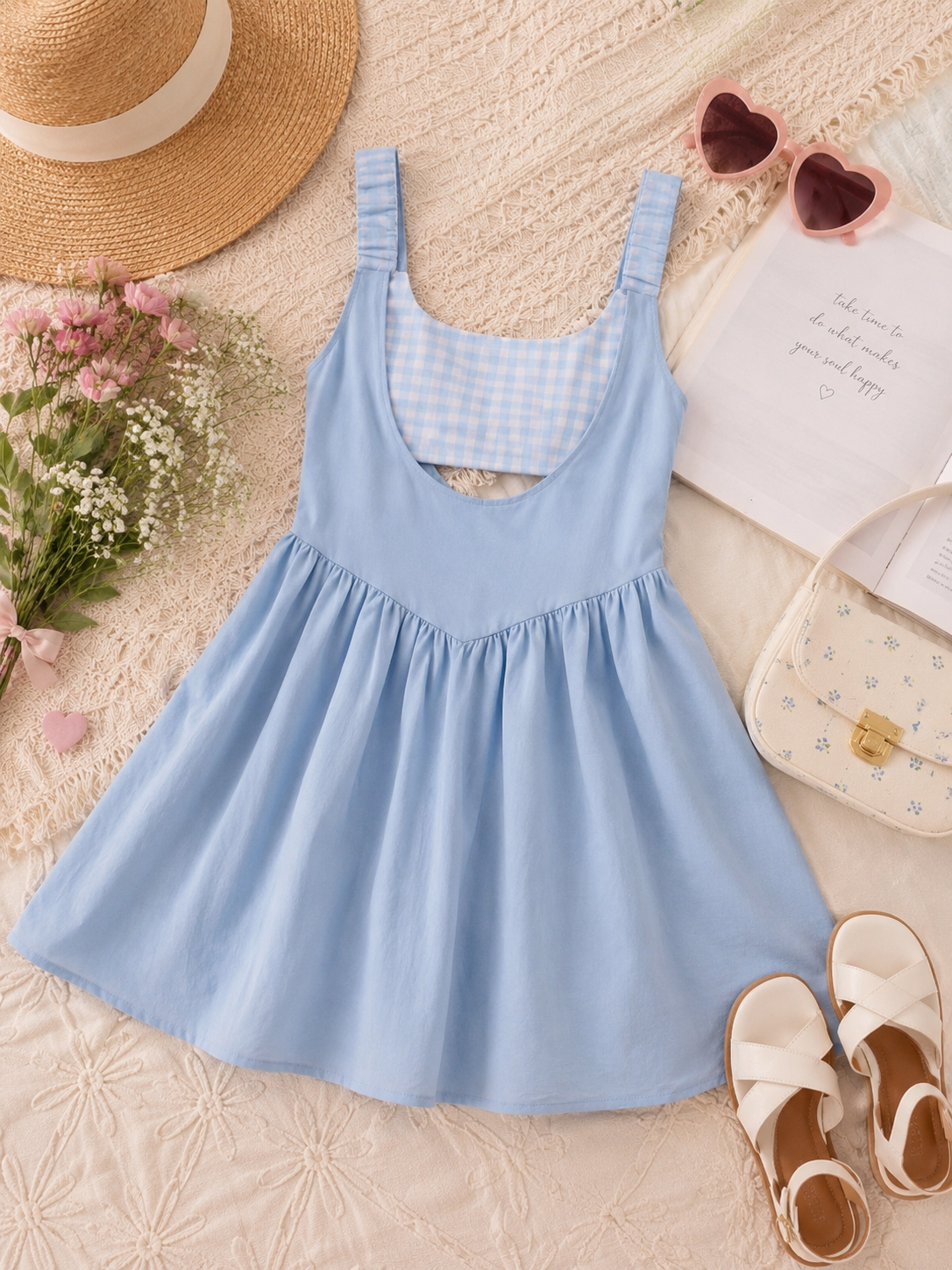 Gingham Contrast Patchwork 2pcs Mini Dress