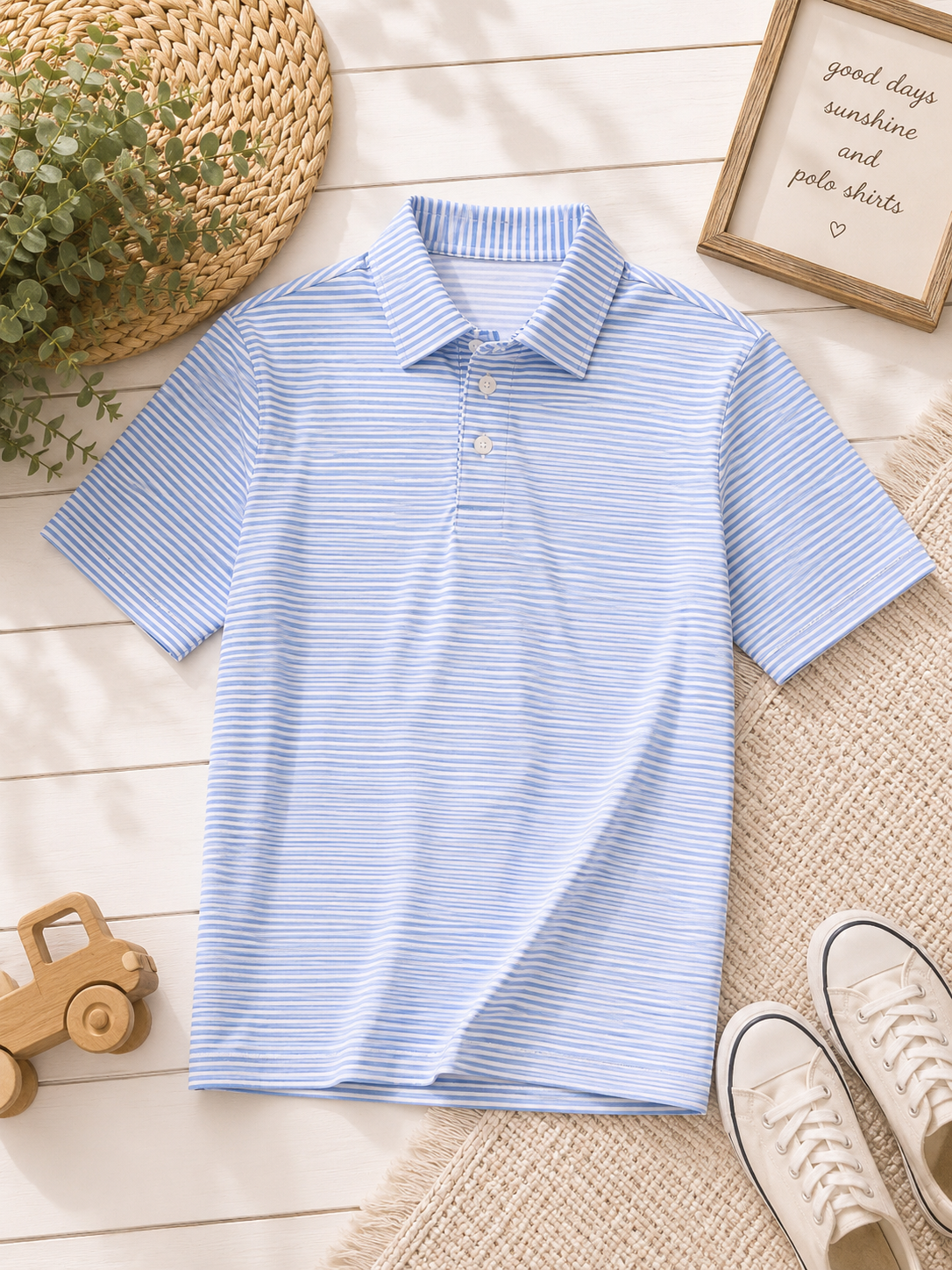 Kids Light Blue, Grey & White Stripe Polo