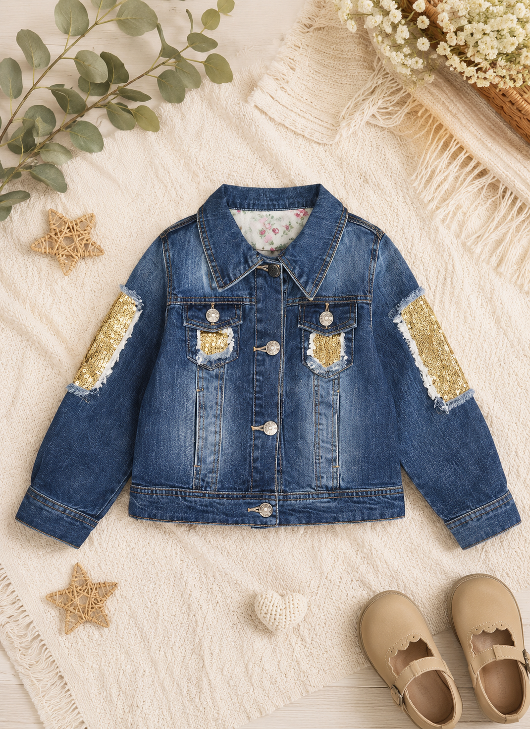 Ruffles - Gold Sequin Girls Denim Jean Jackets