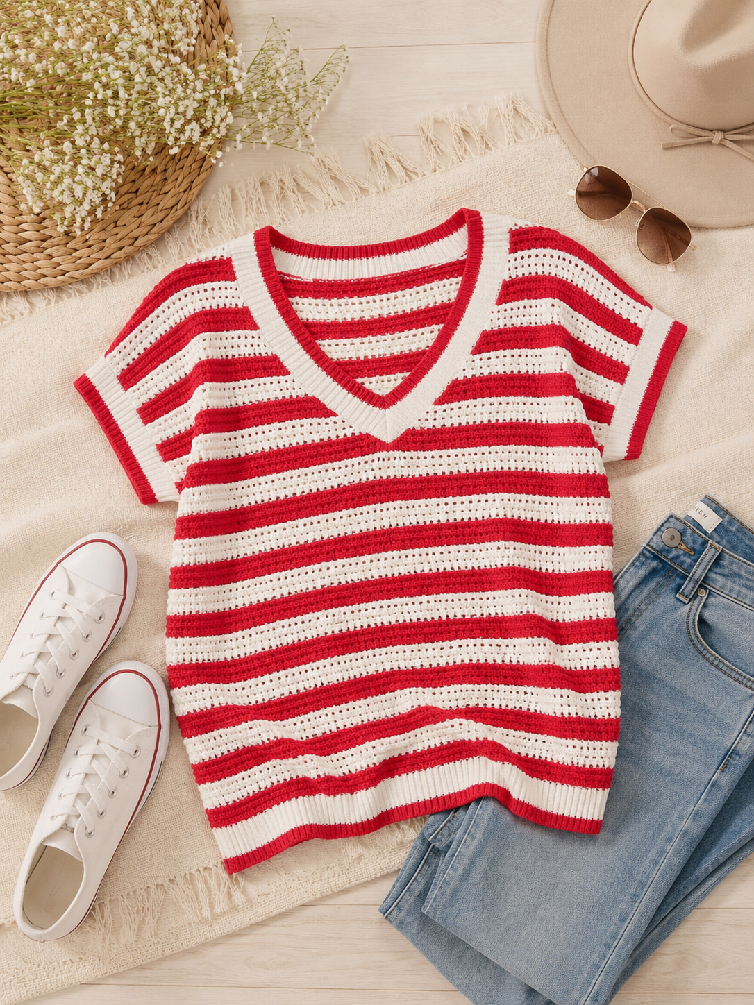 Stripe V Neck Crochet Knit Short Sleeve Sweater