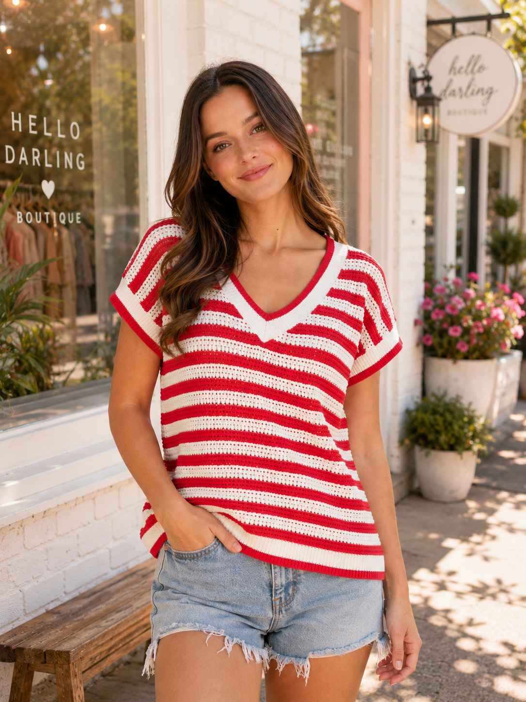Stripe V Neck Crochet Knit Short Sleeve Sweater