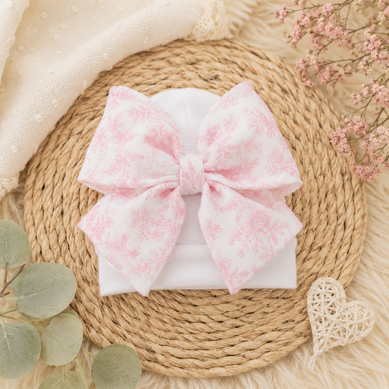 Floral Bow in Pink Newborn Girl Hat