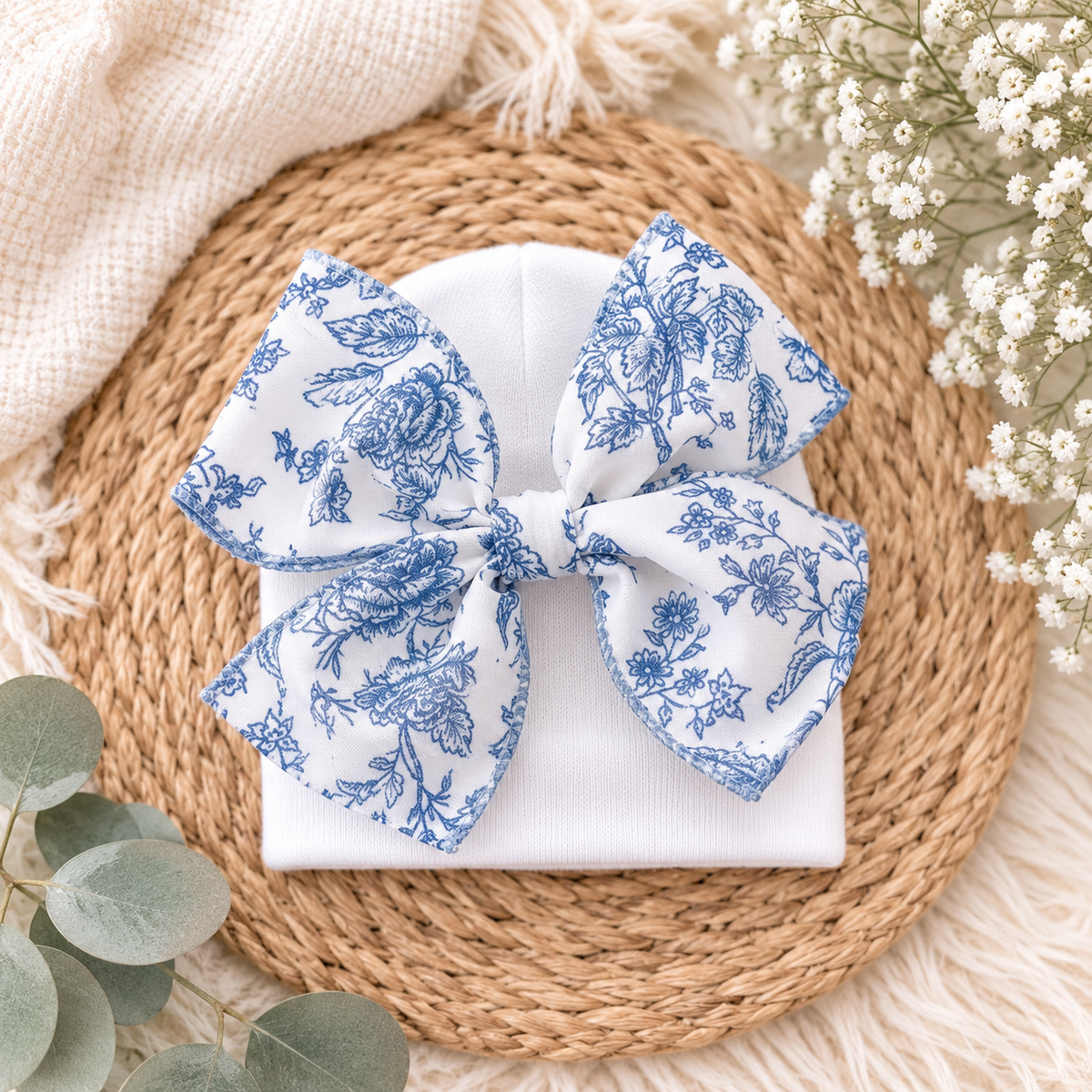 Floral Bow Blue Newborn Girl Hat