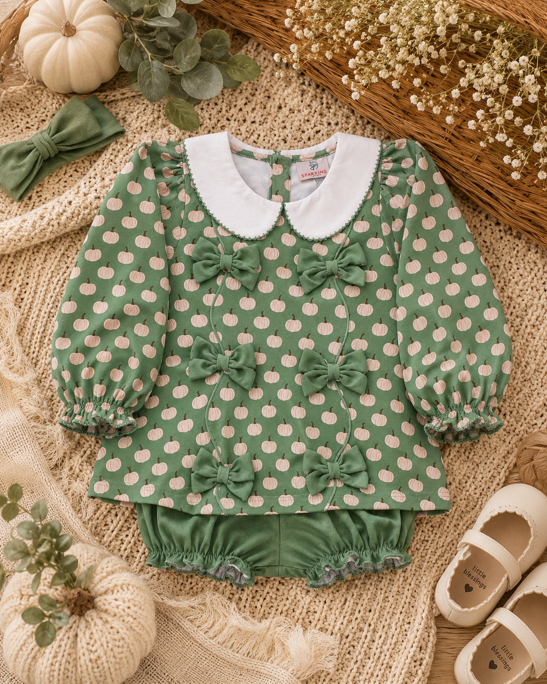Sage Green Pumpkin Knit Bloomer Set