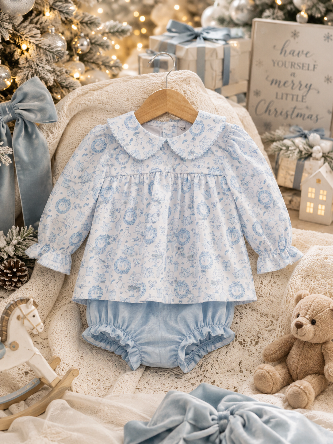 Blue Christmas Toile Bloomer Set