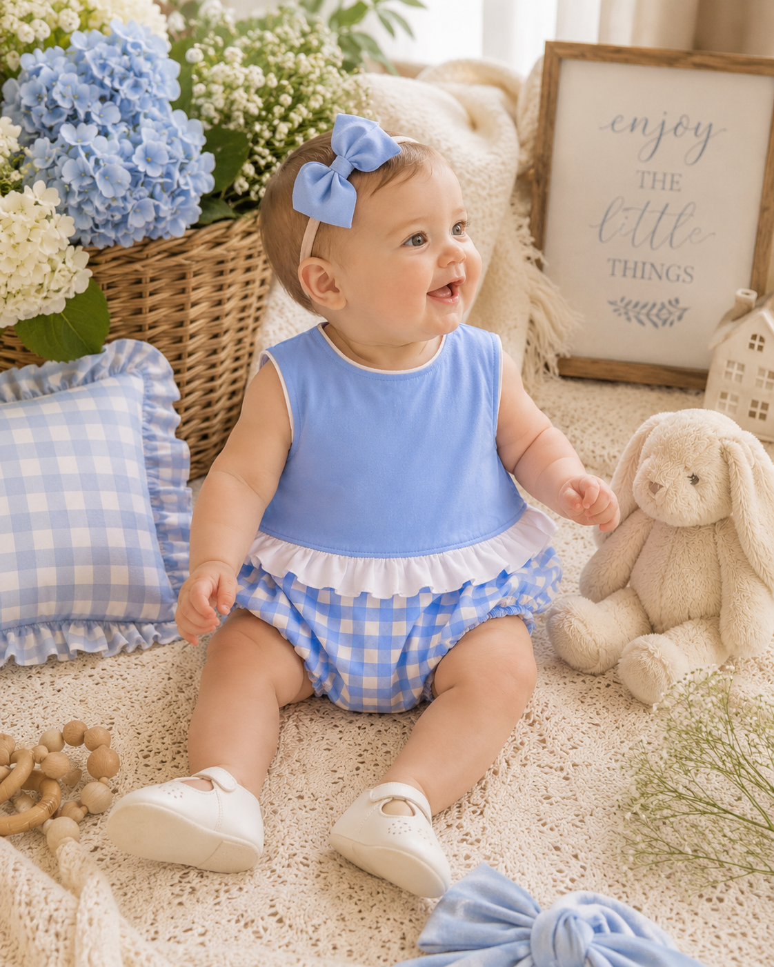 Girls Ruffle Trimmed Swing Back Bloomer Set - Blue Gingham