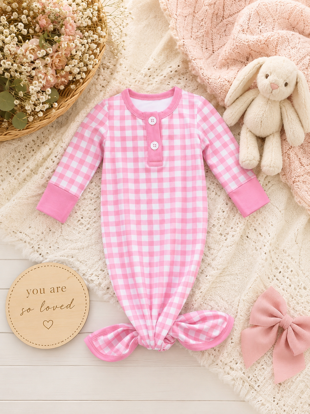 Girls Baby Knotted Gown - Pink Gingham