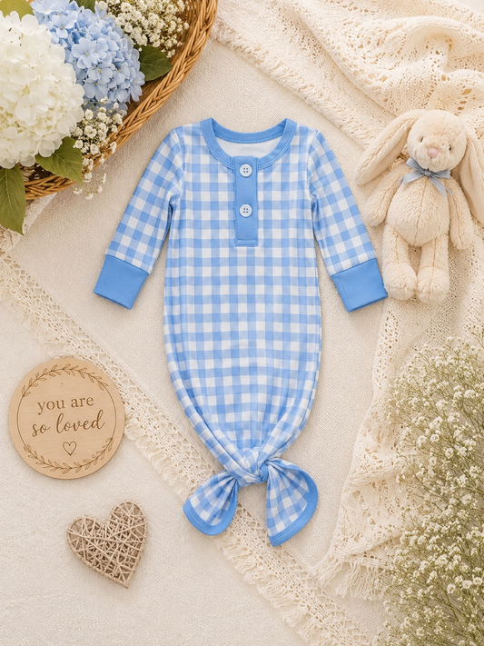 Boys Baby Knotted Gown - Blue Gingham
