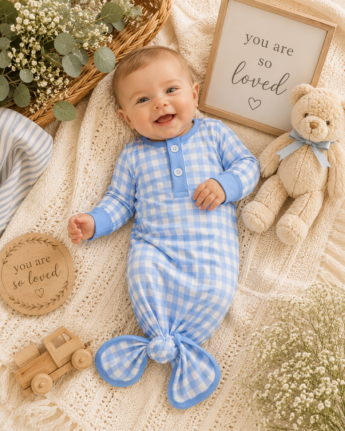 Boys Baby Knotted Gown - Blue Gingham