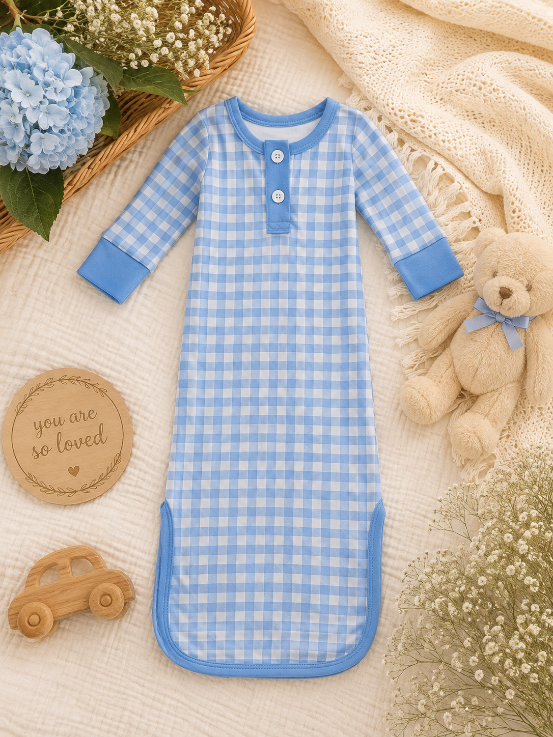 Boys Baby Knotted Gown - Blue Gingham