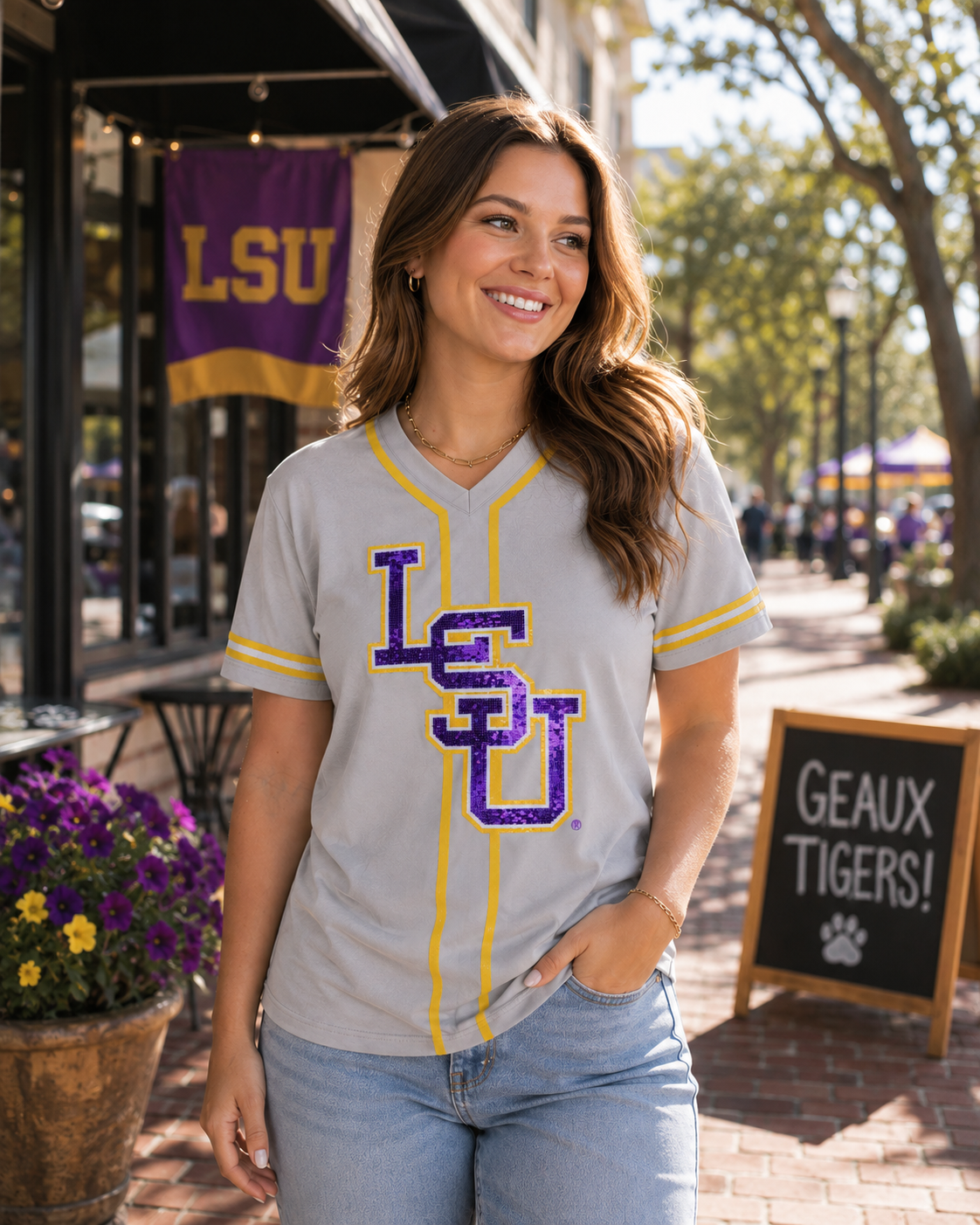 LSU Women’s Sequin Baseball Jersey Tee 💜💛