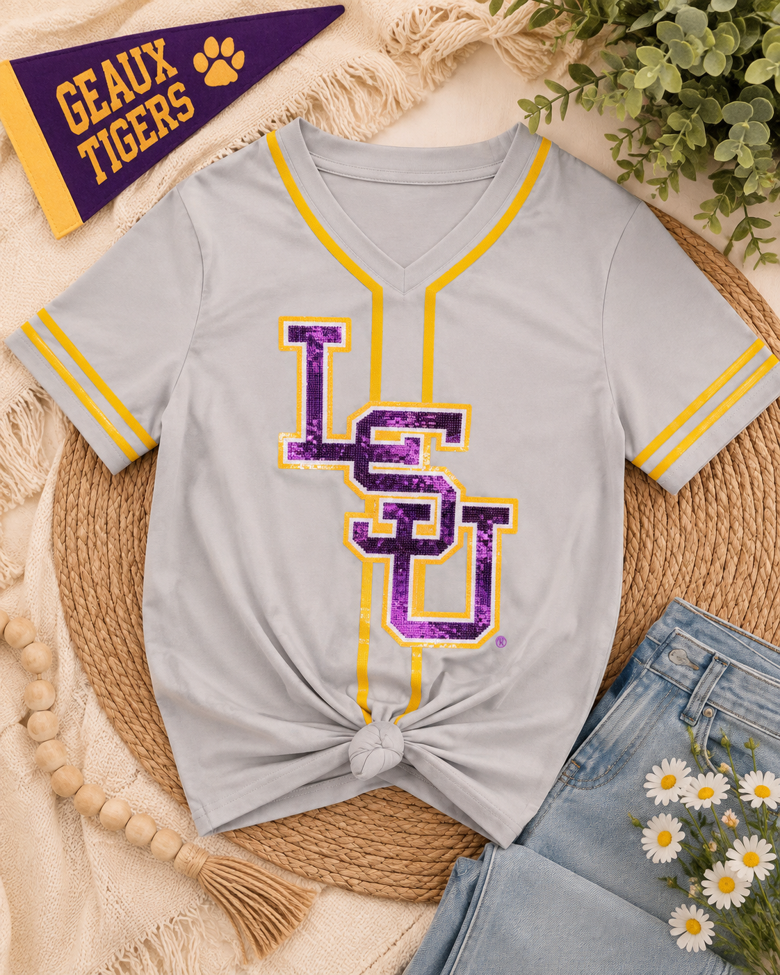 LSU Women’s Sequin Baseball Jersey Tee 💜💛