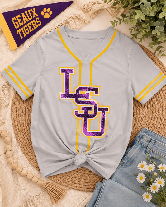 LSU Women’s Sequin Baseball Jersey Tee 💜💛