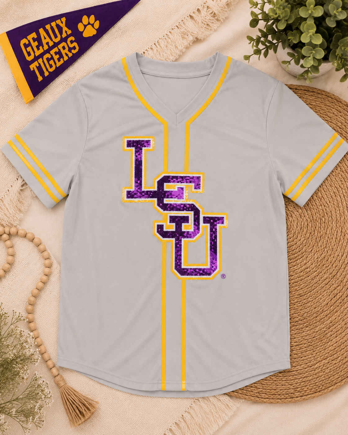 LSU Women’s Sequin Baseball Jersey Tee 💜💛