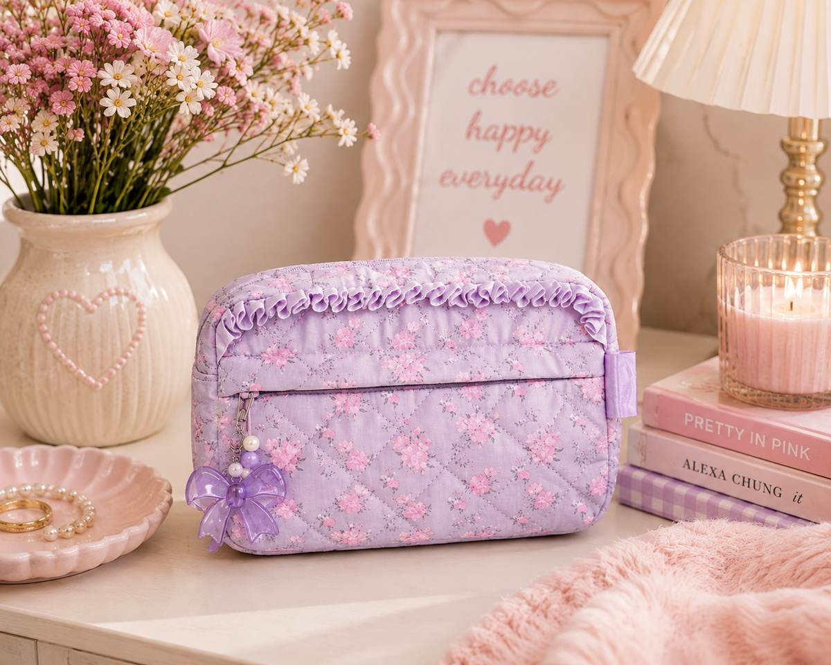 OMG Collection | Quilted Floral Pouch with Bow Charm