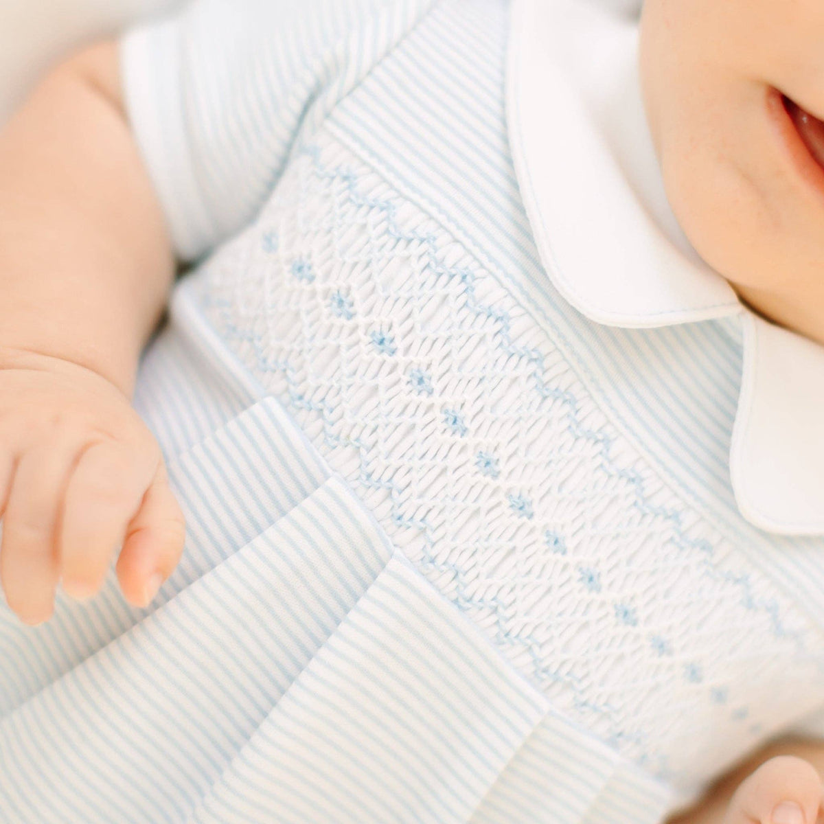 Benjamin Smocked Short Sleeve Bubble - Light Blue