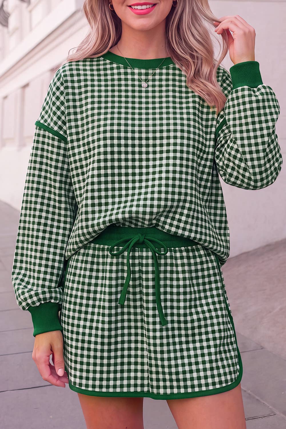 Gingham Pirnt Cozy Oversized Top & Skort Set | S-XL