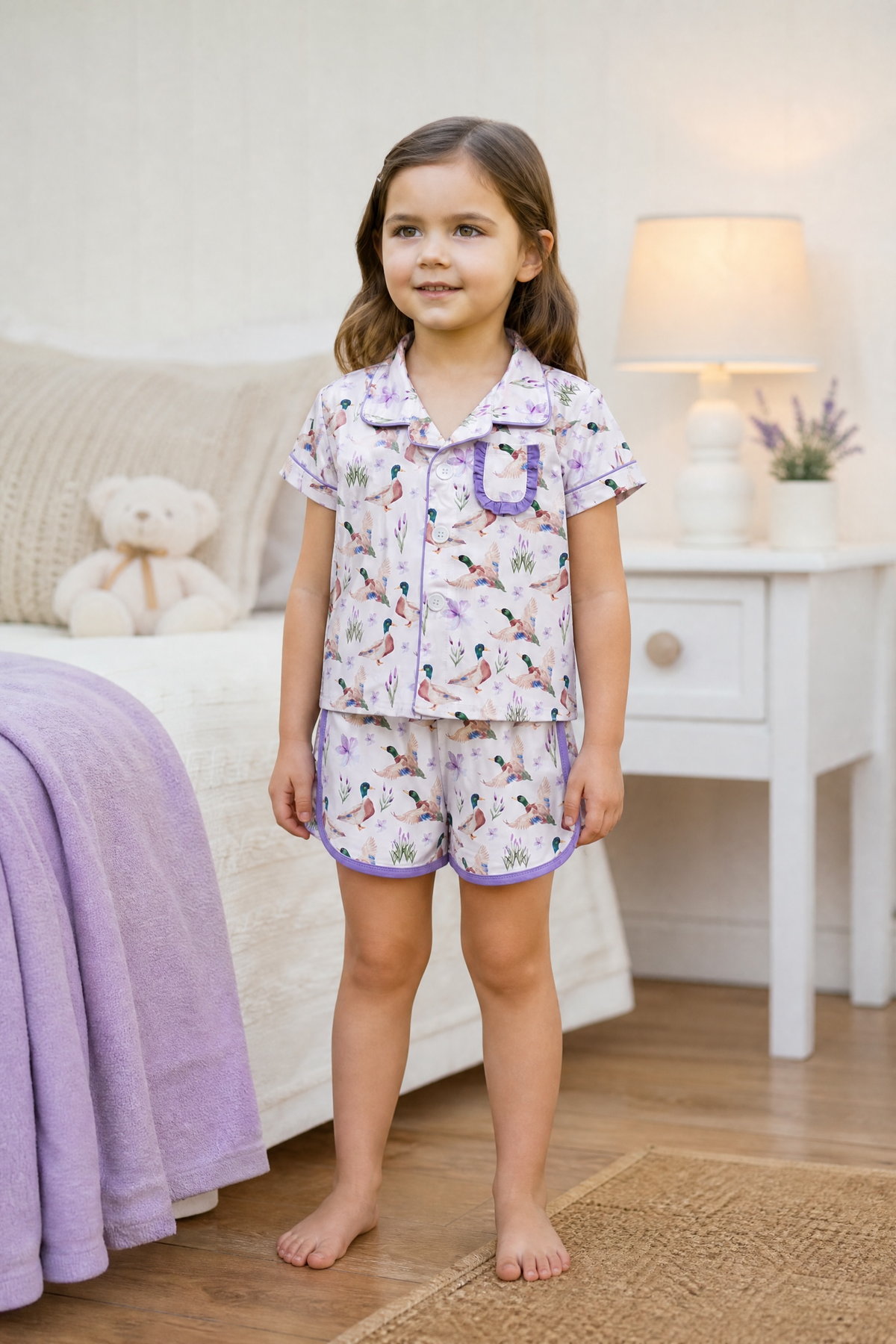 Mallard Duck printed pajamas with purple hem. GSSO013025-SOL